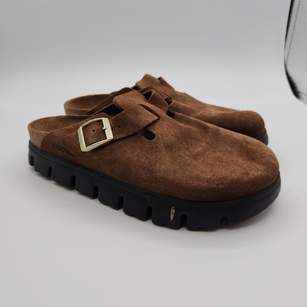 Papillio Birkenstock Clogs Women 9 Brown Boston Platform Suede Lug Sole Buckle